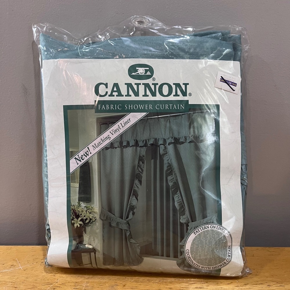 Vtg Cannon Westport Seafoam Green Ruffled Fabric Shower Curtain & Liner Set NEW